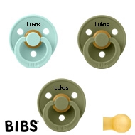 BIBS Colour Schnuller mit Namen, Gr. 2, 2 Olive, 1 Mint, Rund Latex, (3er Pack)